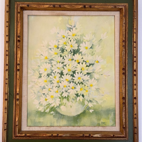 Midcentury acrylic painting (daisies) in hand-carved Mexican wood frame 24" x 27 - Picture 1 of 3